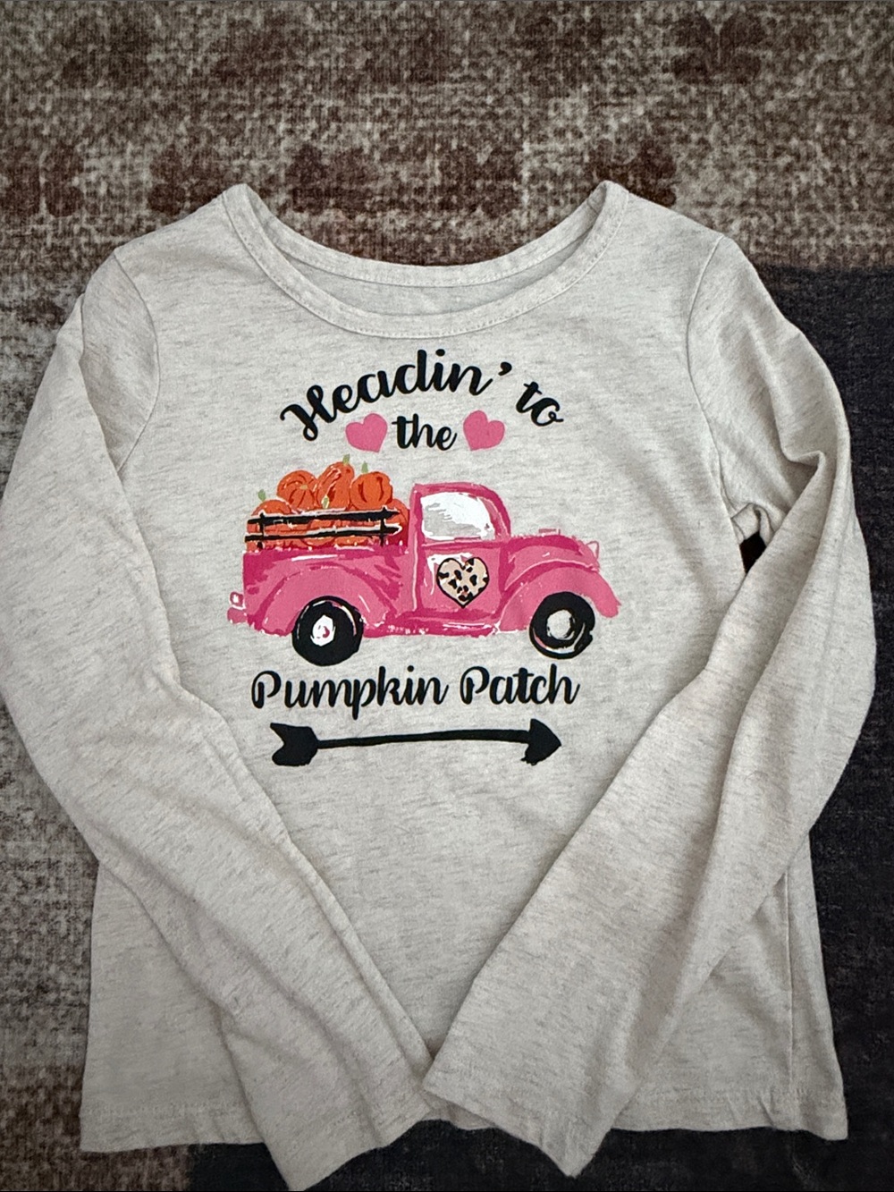 Girls' Light Heather Gray Long-Sleeve Tee with Pink Pumpkin Truck Graphic